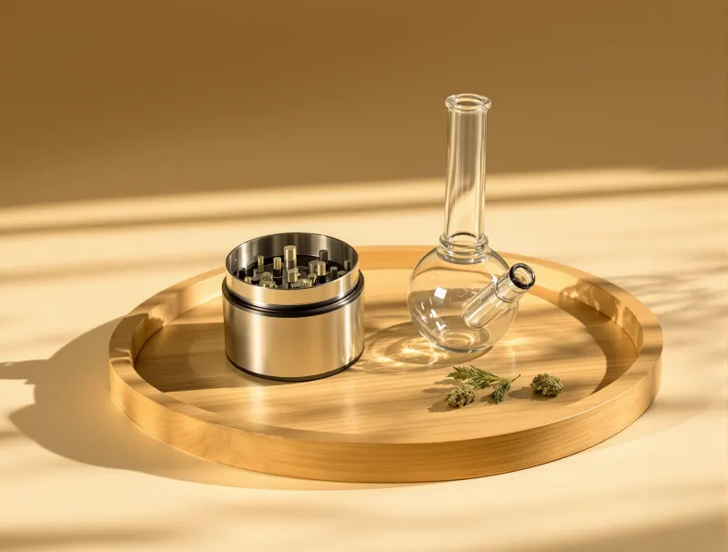 Illustrative photo: a grinder and glass pipe on a tray