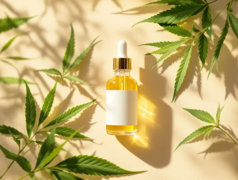 Illustrative photo: hemp leaves around an oil dropper bottle