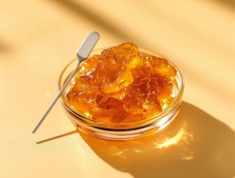 Illustrative photo: amber rosin concentrate on a glass dish