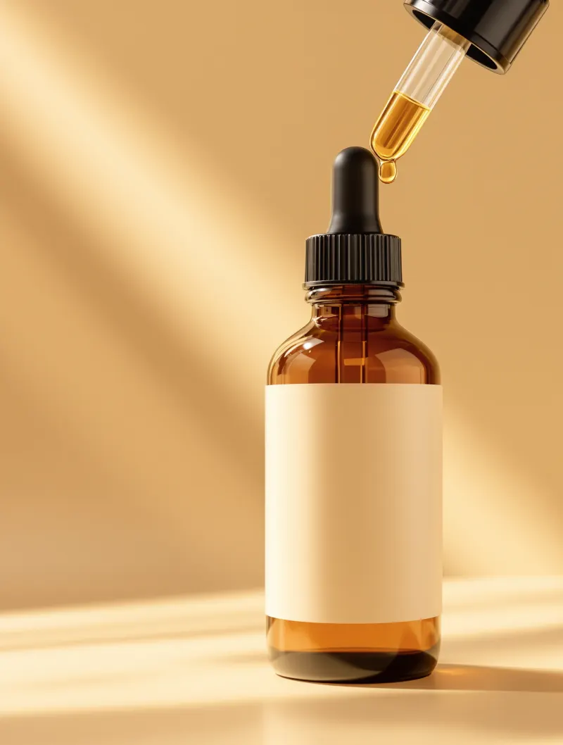 Illustrative photo: an amber tincture dropper bottle