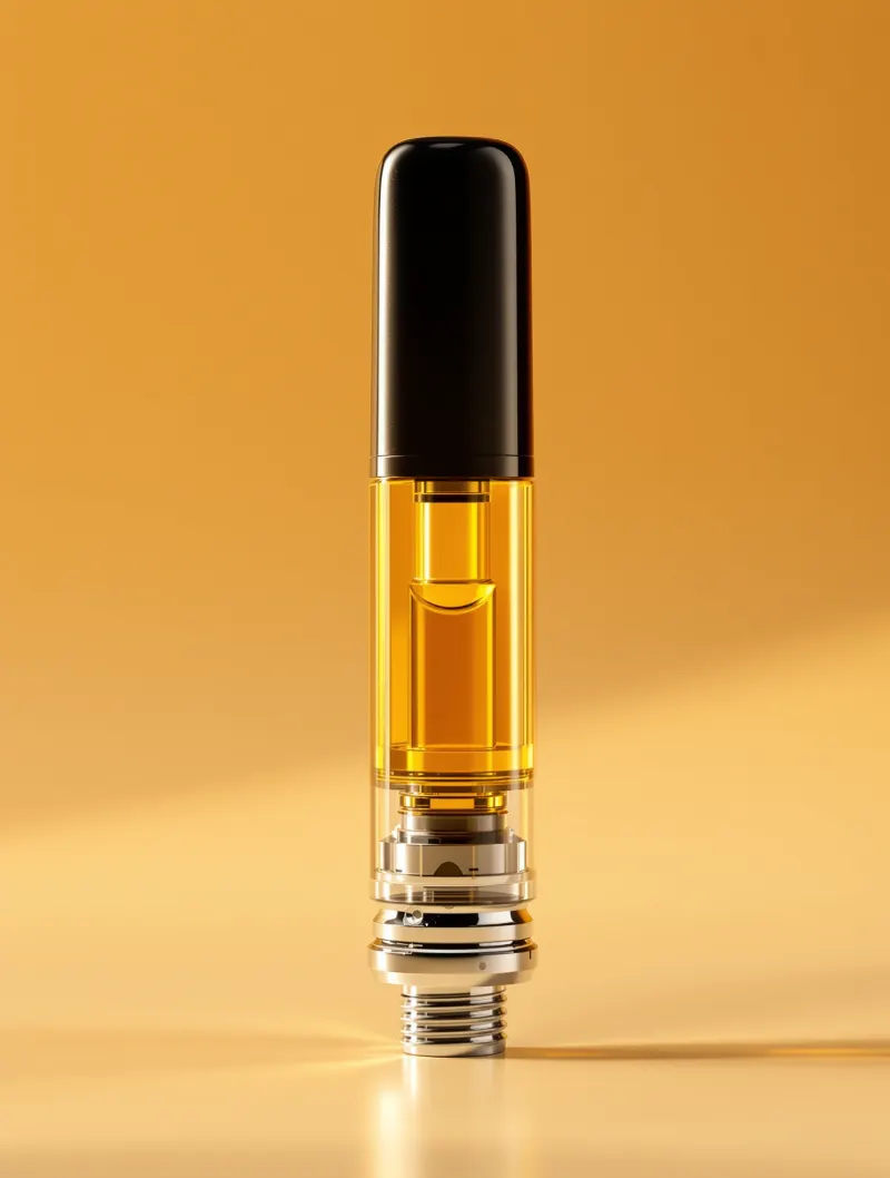 Illustrative photo: a vape cartridge of golden oil