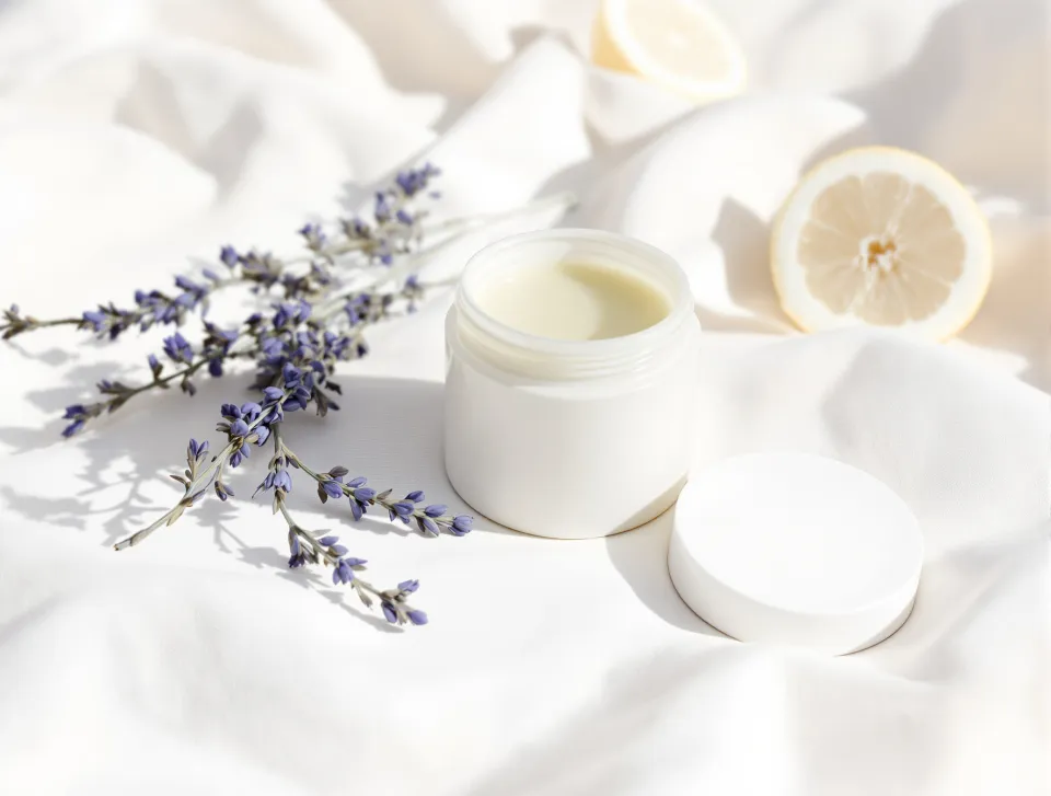 AI-generated illustration: a plain white jar of balm with lavender and lemon