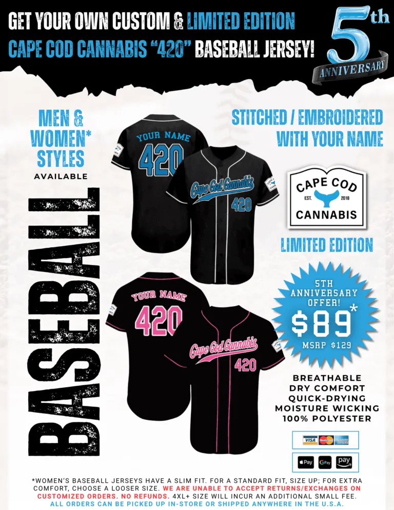 Cape Cod Cannabis Recreational Dispensary in Wellfleet, MA Get your own custom & limited edition Cape Cod Cannabis 5th Anniversary “420” baseball jersey today!