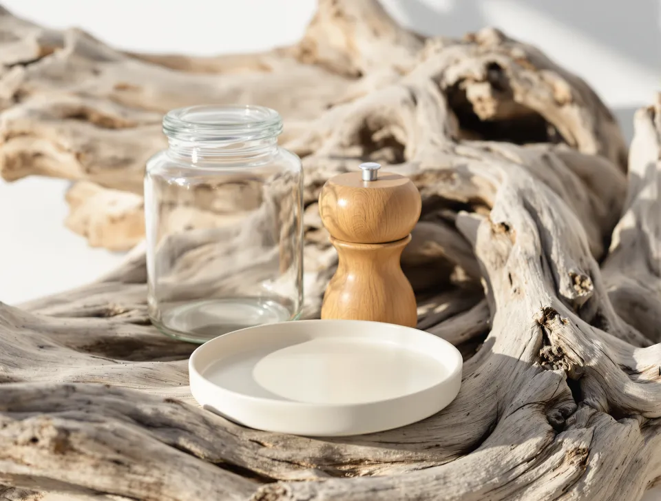 AI-generated illustration: a glass jar, a wooden grinder and a small tray