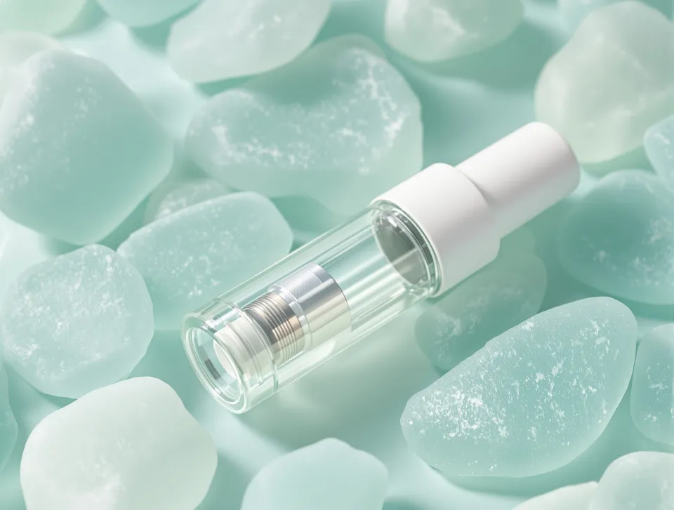 AI-generated illustration: a plain vaporizer cartridge resting on sea glass