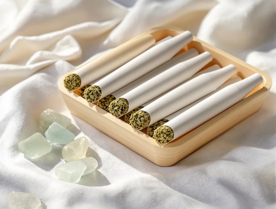 AI-generated illustration: unlit pre-rolls lined up in a wooden tray