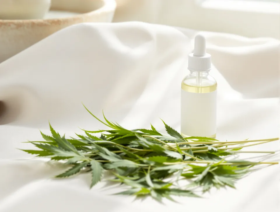 AI-generated illustration: hemp leaves beside a plain dropper bottle
