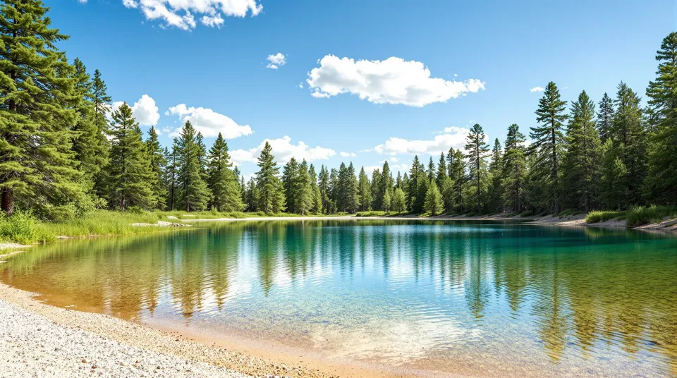 AI-generated illustration: a freshwater pond ringed by pine trees