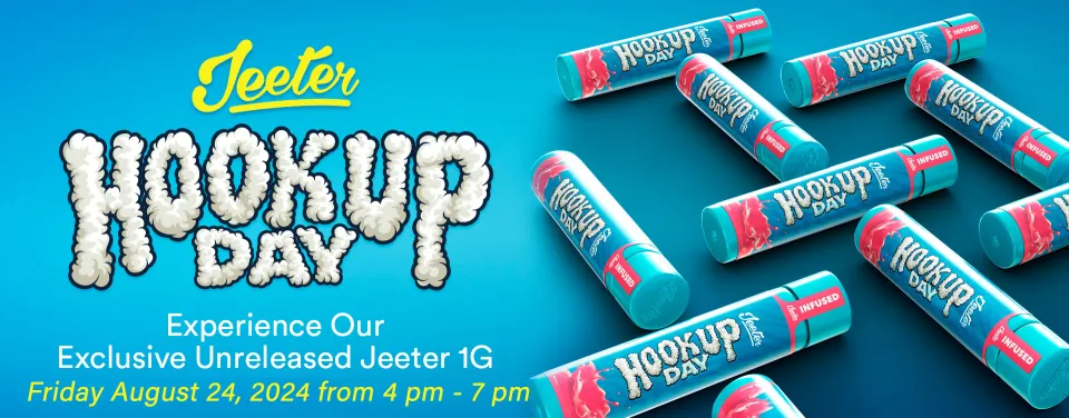 Jeeter Hookup Day is Friday August 23, 2024 from 4 pm - 7 pm at Cape Cod Cannabis in Wellfleet!