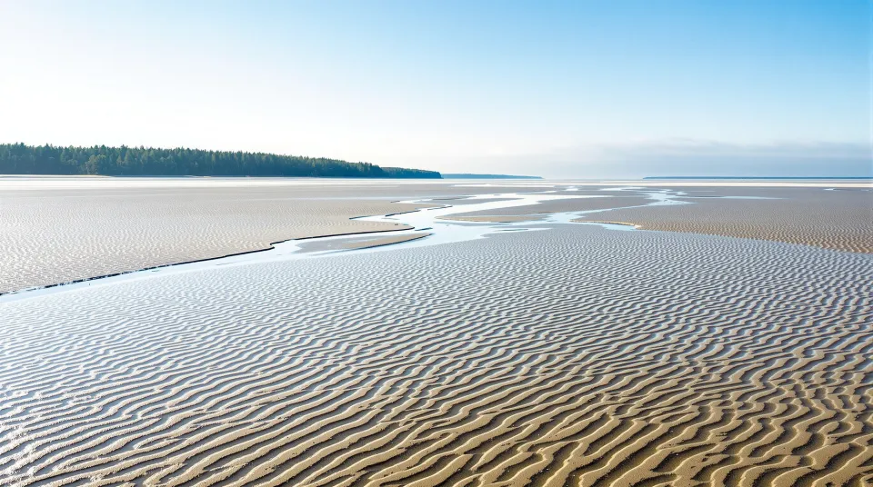 AI-generated illustration: bay tidal flats at low tide