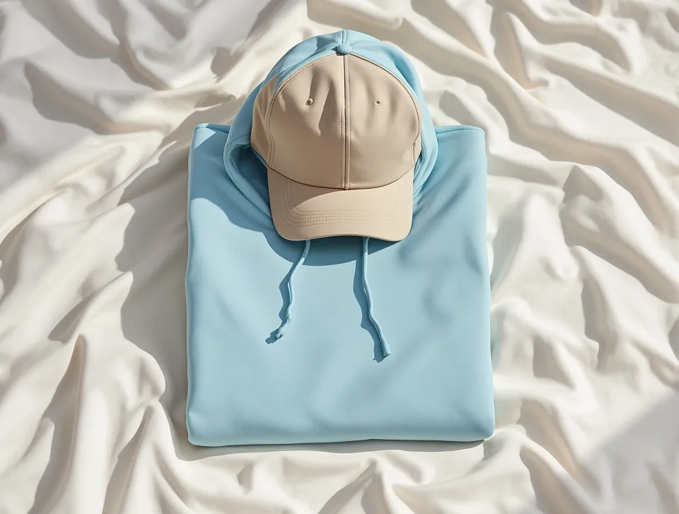 AI-generated illustration: a folded plain hoodie and a plain cap