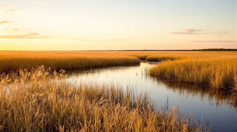 AI-generated illustration: a marsh creek at golden hour