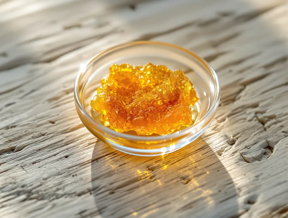 AI-generated illustration: amber resin in a small glass dish