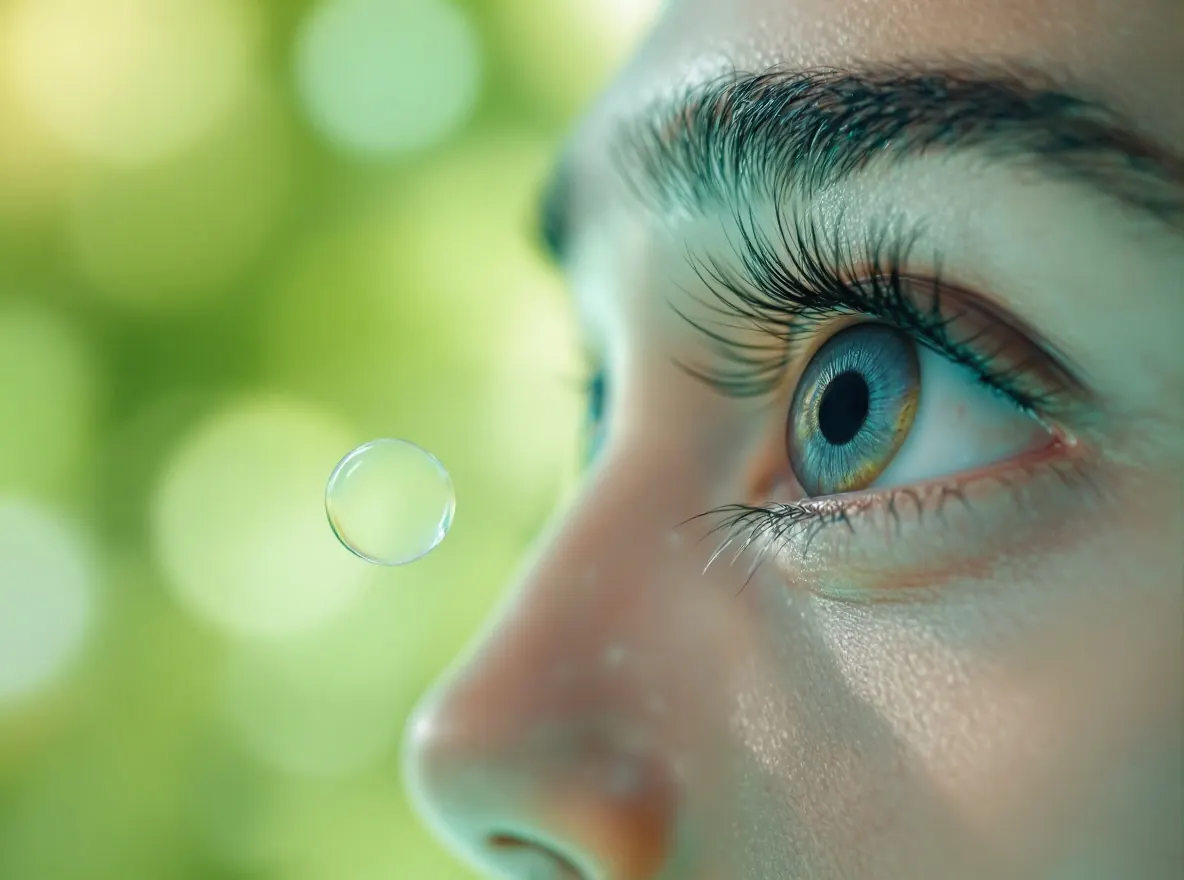 A single eye drop falling toward an open eye