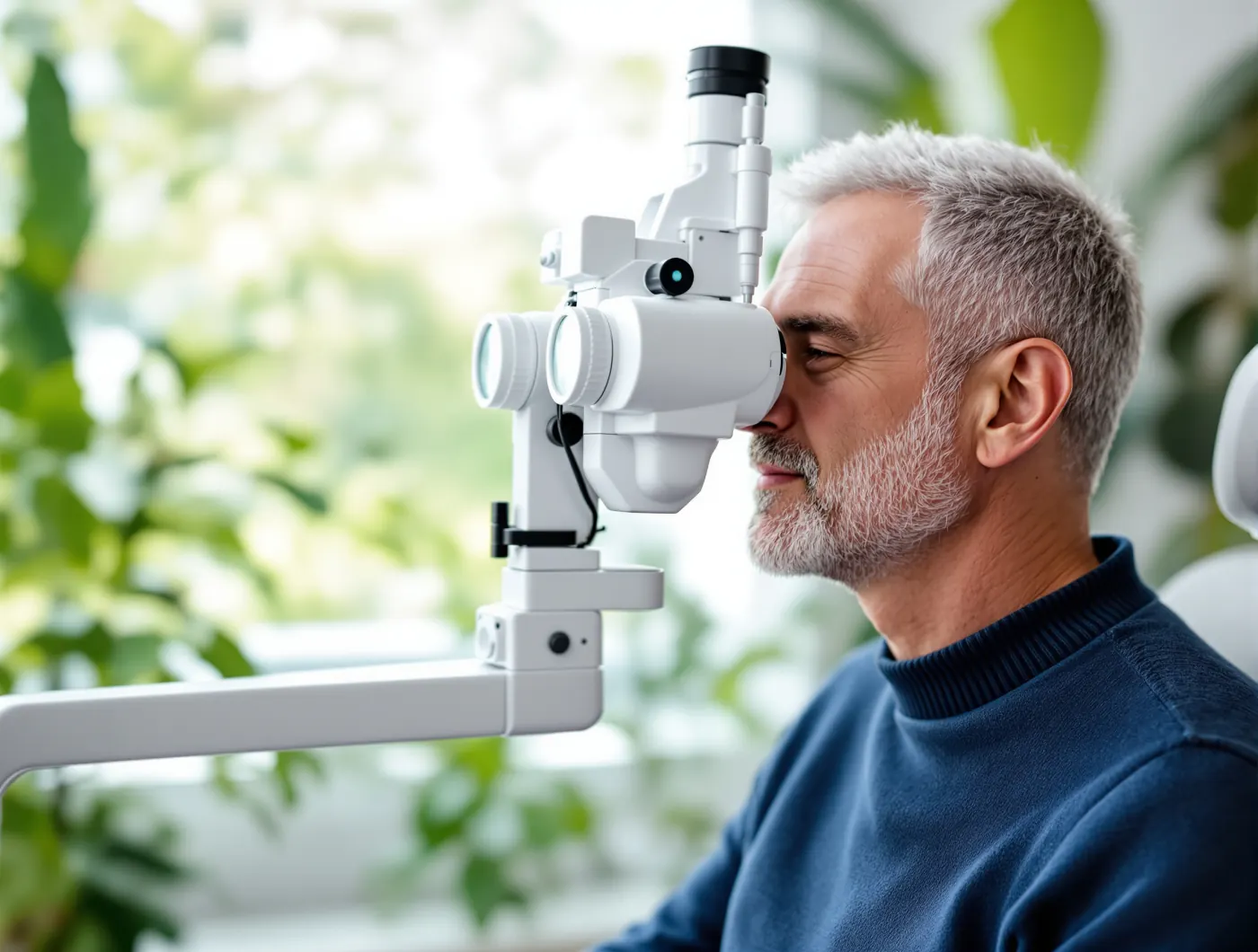 A man looking into a phoropter during an eye exam
