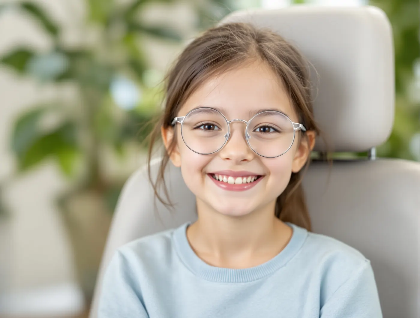 A smiling child wearing round glasses in an exam chair