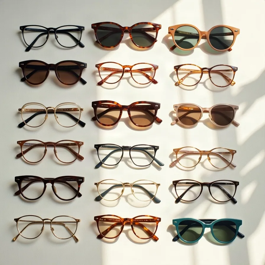 A flat-lay of eyeglass frames and sunglasses