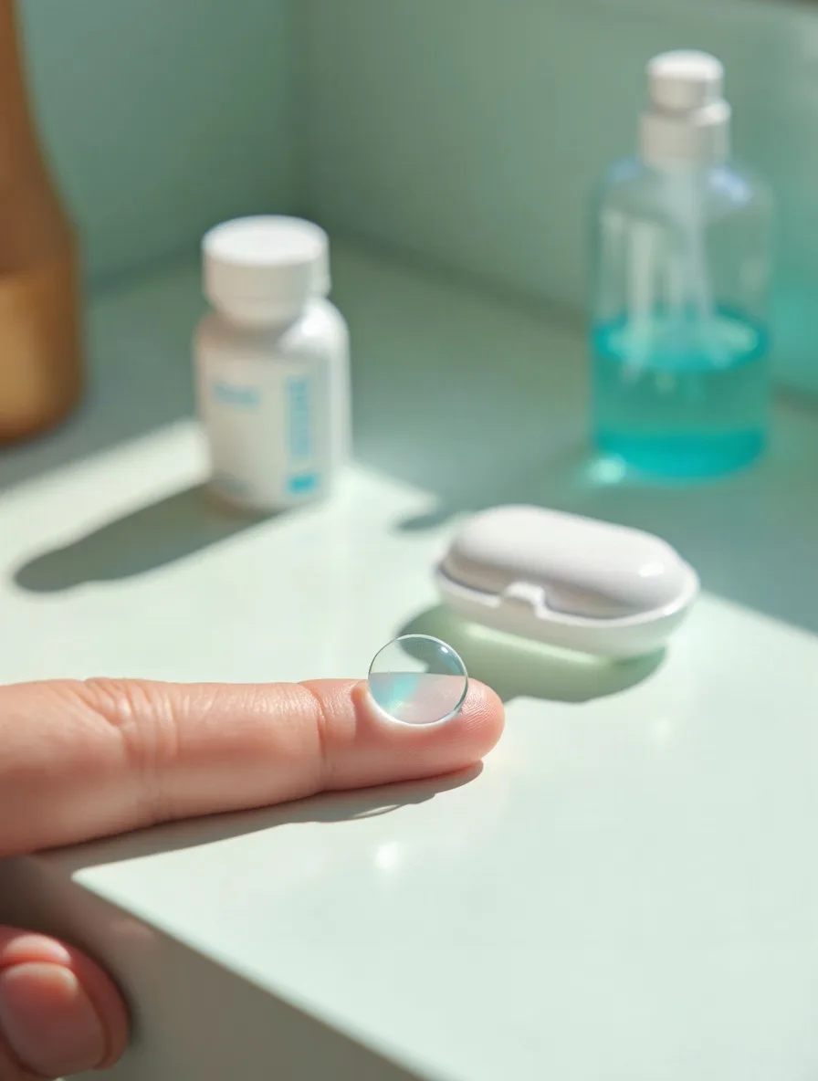 Soft contact lenses beside a lens case