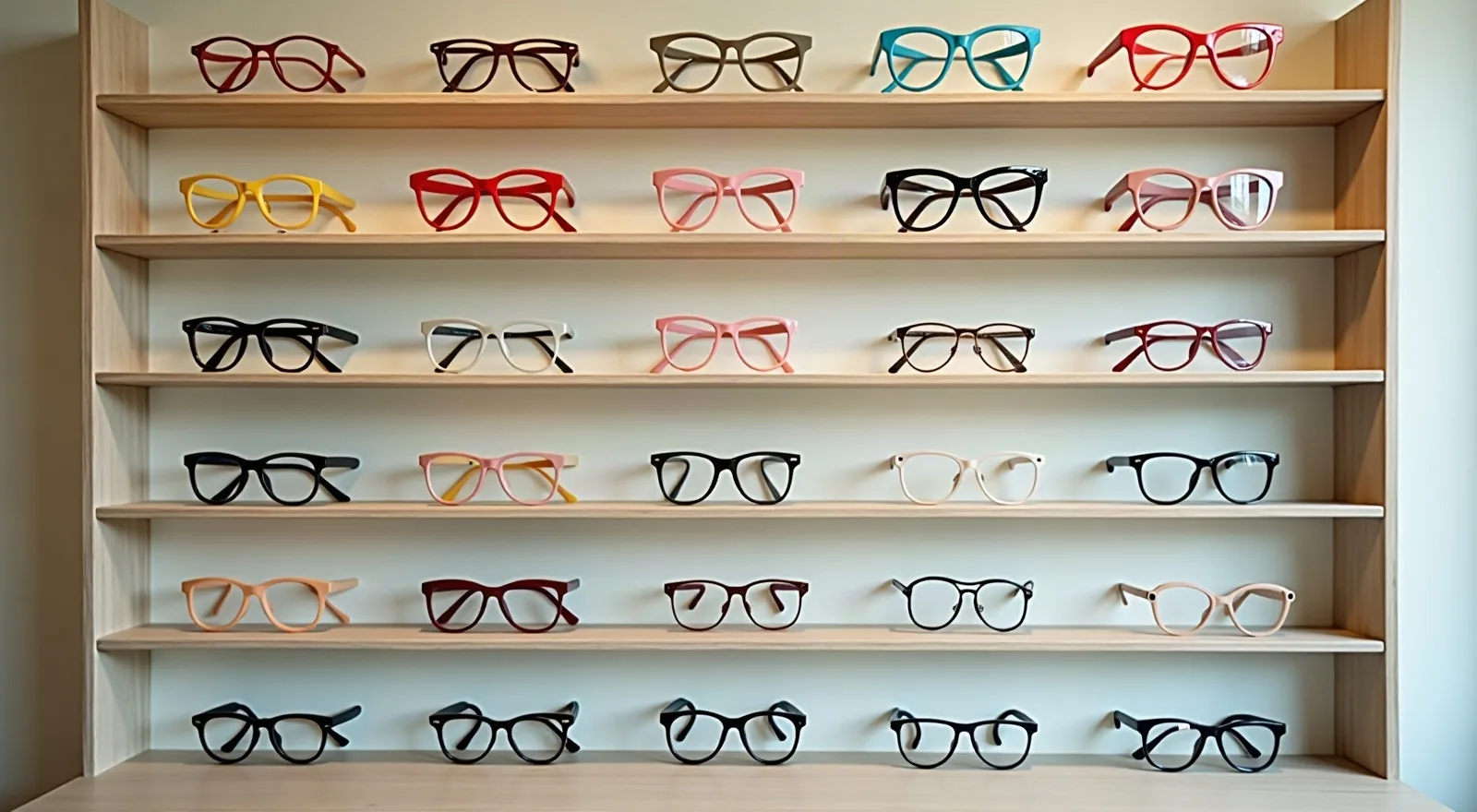 Colorful children's eyeglass frames on a display shelf