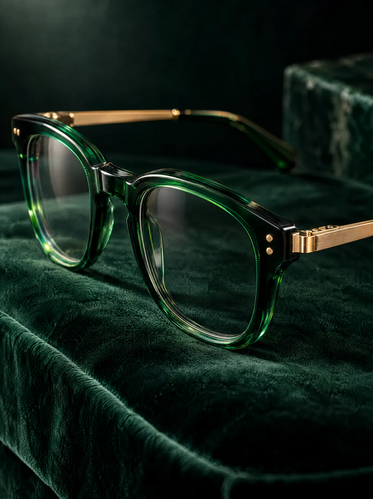 Emerald green acetate eyeglasses with gold temples on dark green velvet