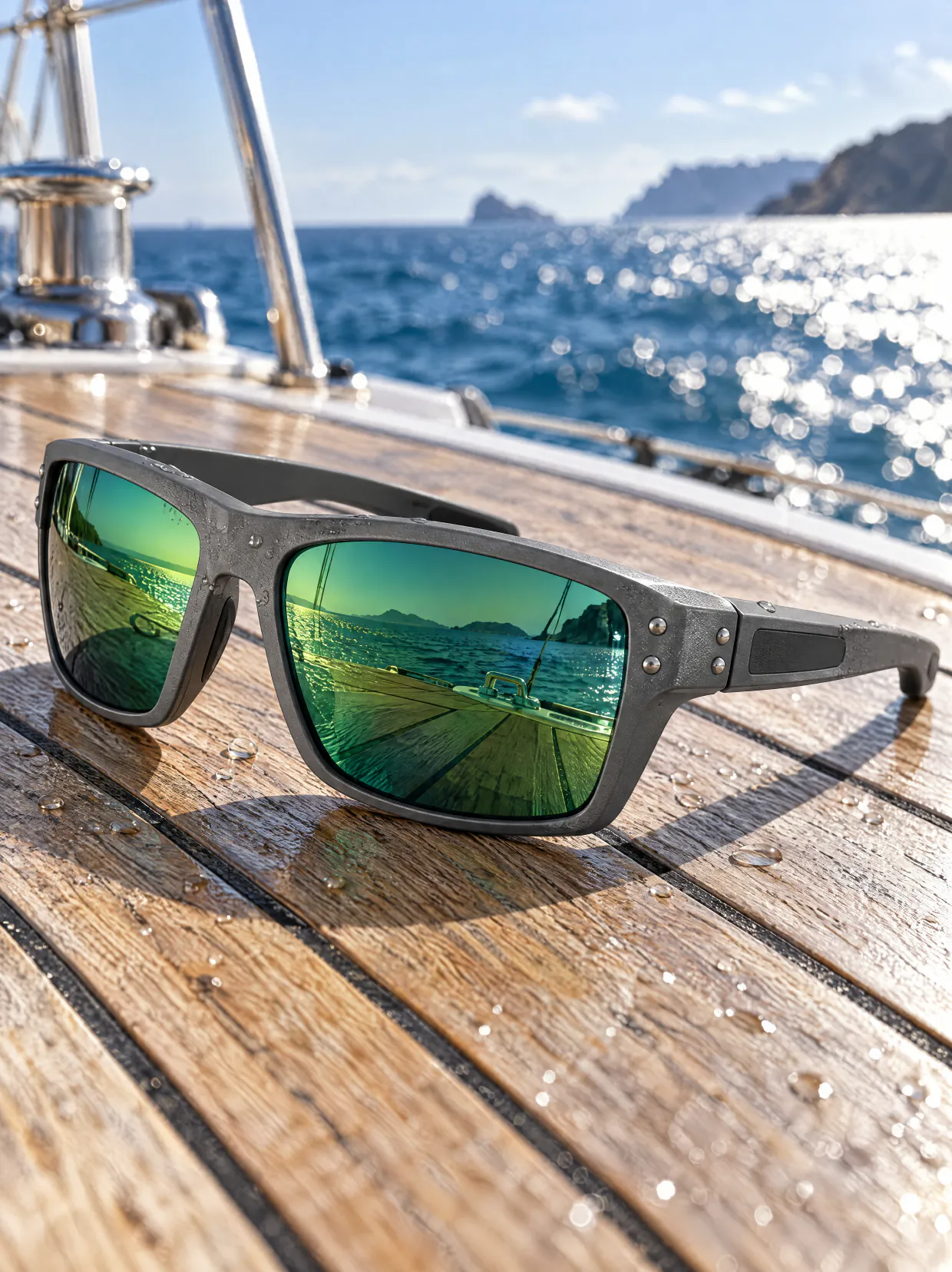 Sport sunglasses with green mirror lenses on a teak boat deck by the sea