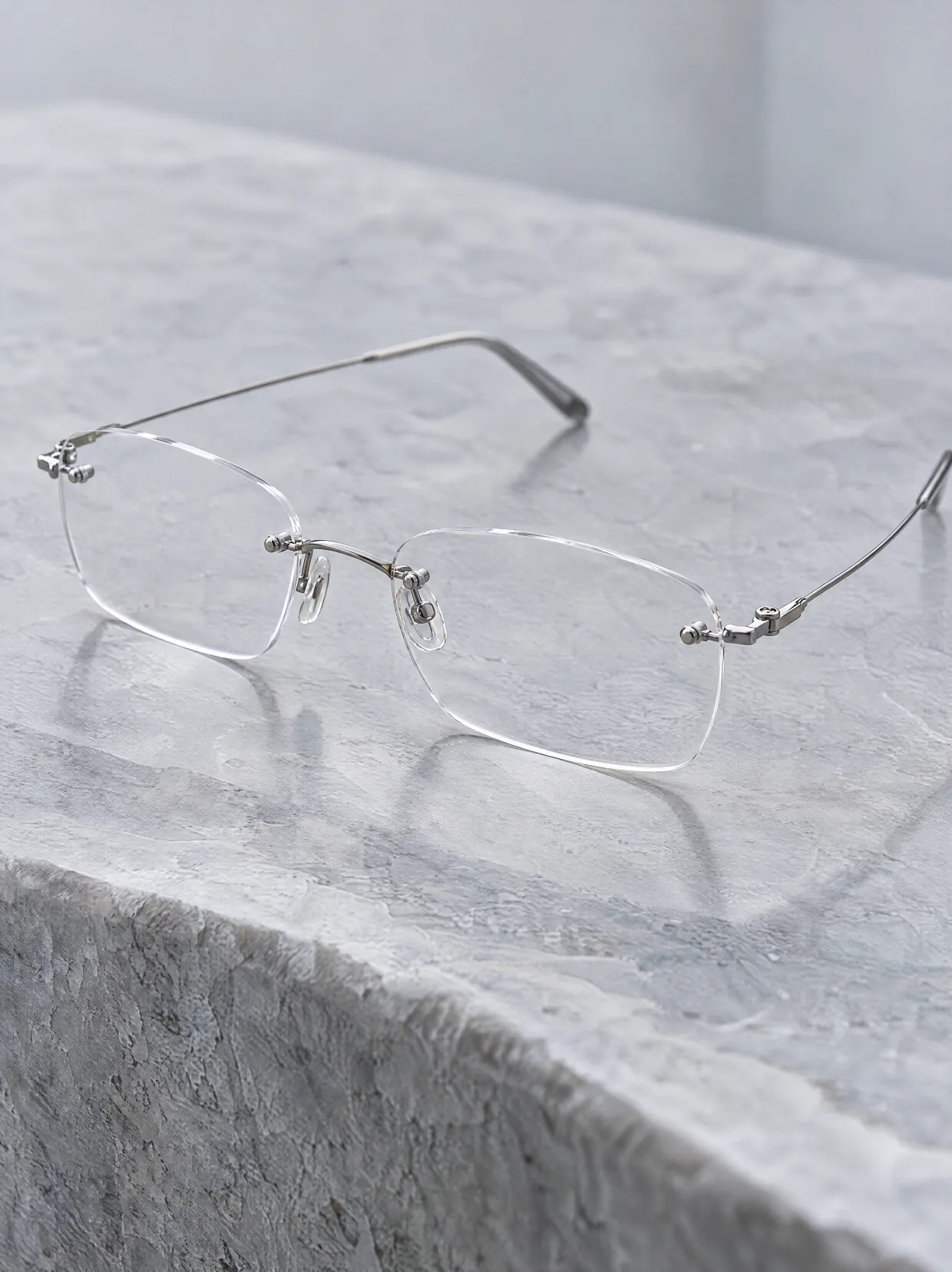 Rimless titanium eyeglasses on pale grey stone