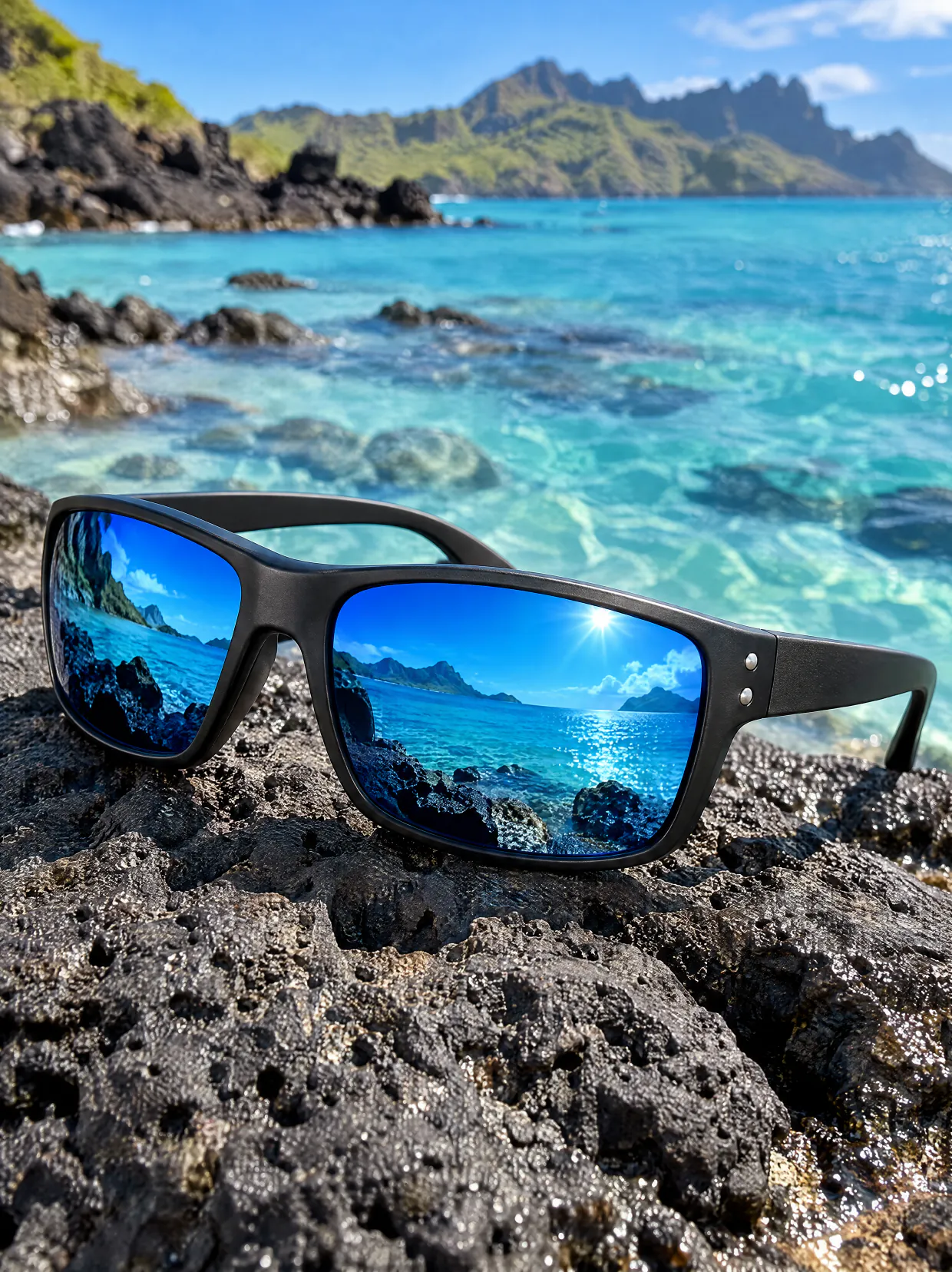Wrap sunglasses with blue mirror lenses on volcanic rock beside turquoise water