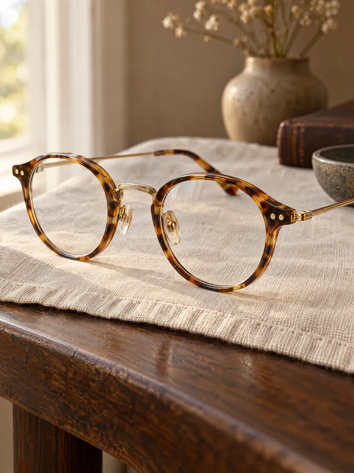 Round honey tortoiseshell eyeglasses with a gold bridge on cream linen