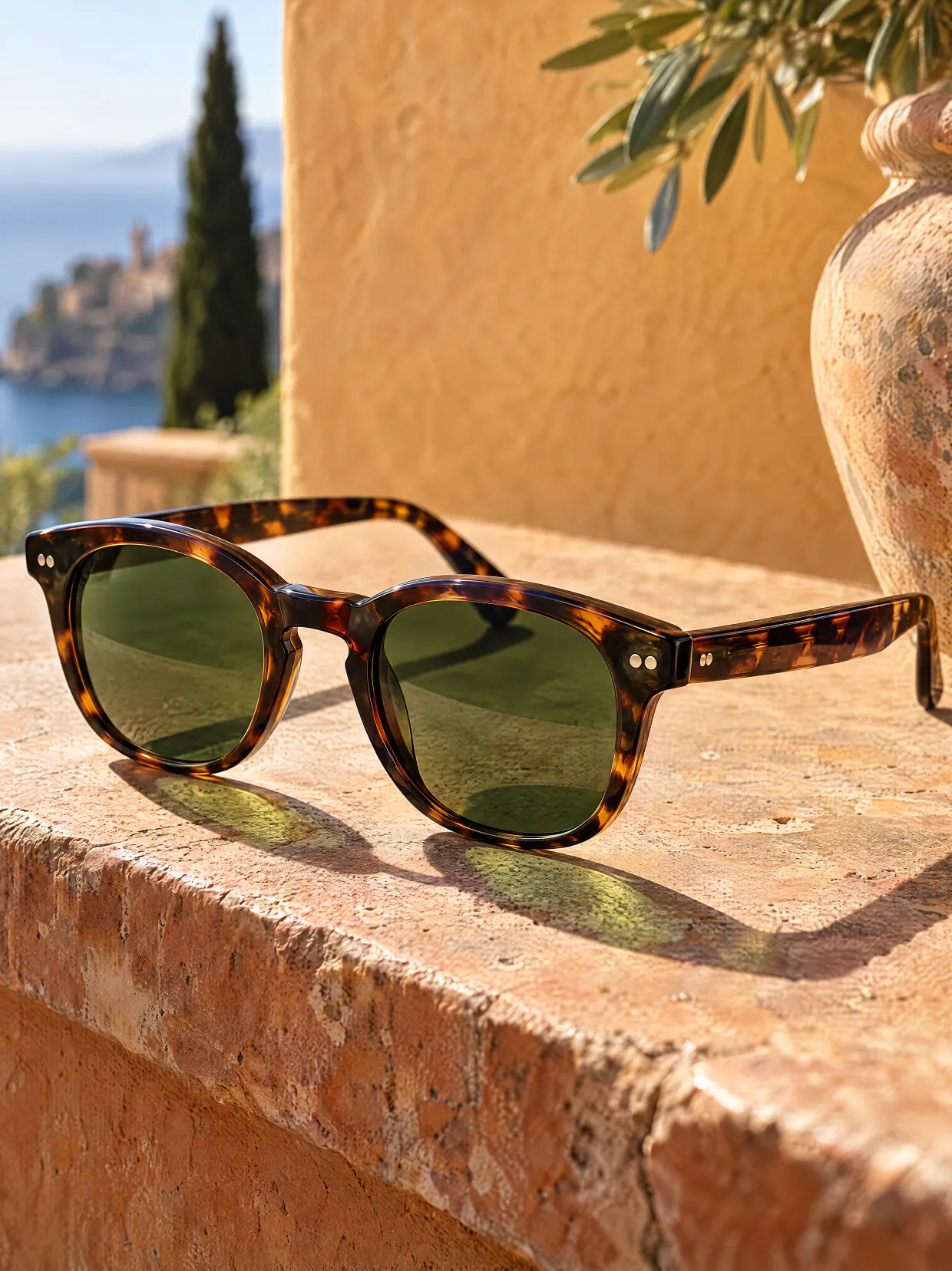 Tortoiseshell sunglasses with green lenses on a sunlit terracotta ledge