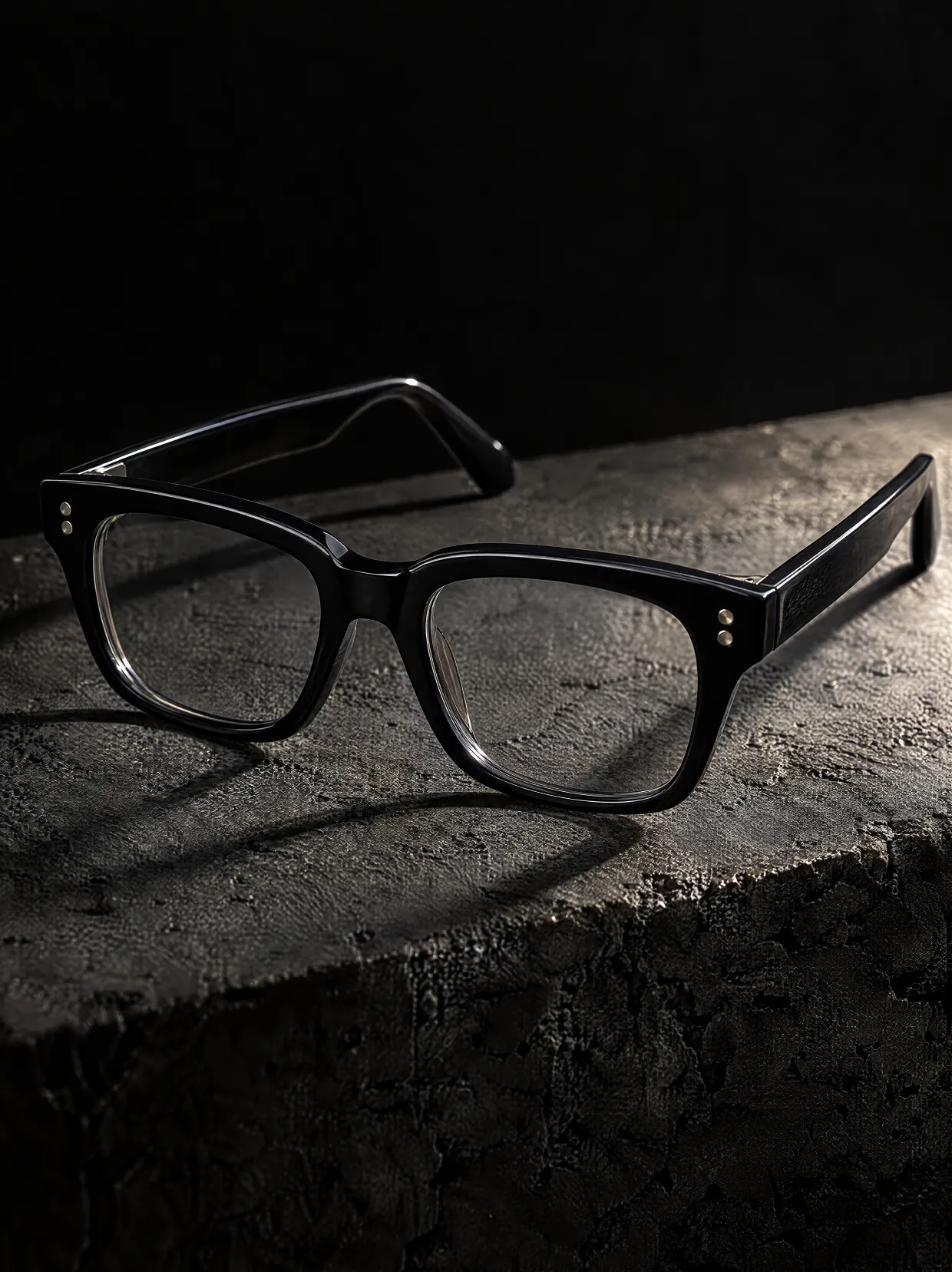 Bold black acetate eyeglasses with silver rivets on dark concrete