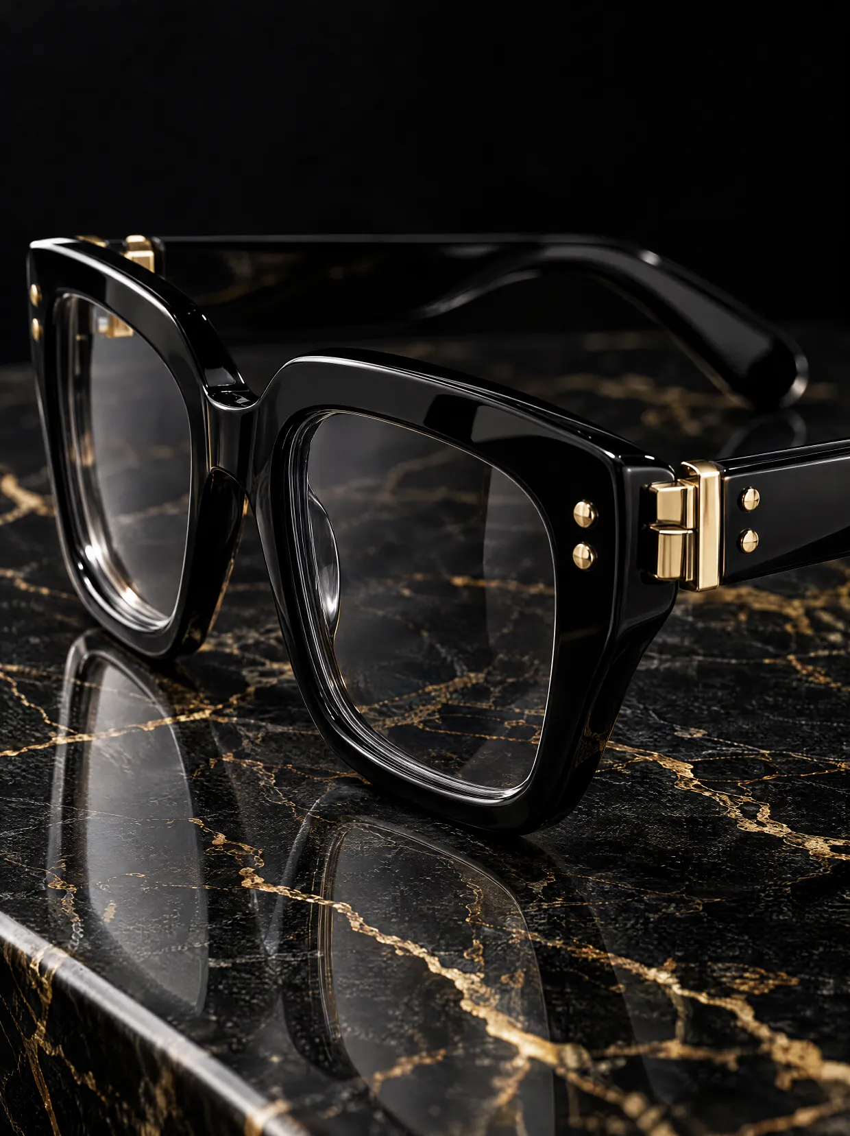 Glossy black acetate eyeglasses with gold hinges on black marble