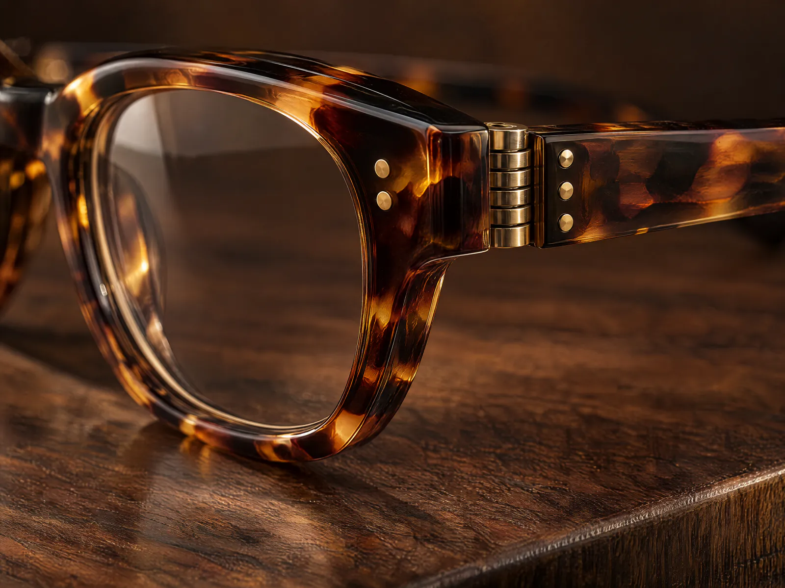 A tortoiseshell acetate eyeglass frame with polished bevels and a barrel hinge, close up