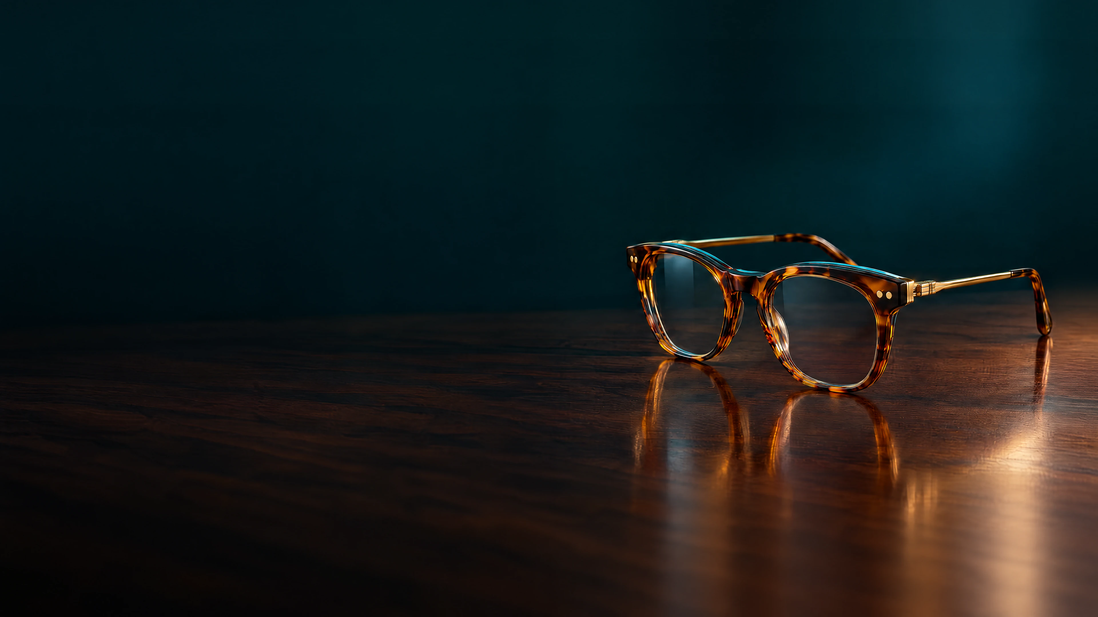 A pair of tortoiseshell acetate eyeglasses with gold temples on a dark walnut table, in low studio light