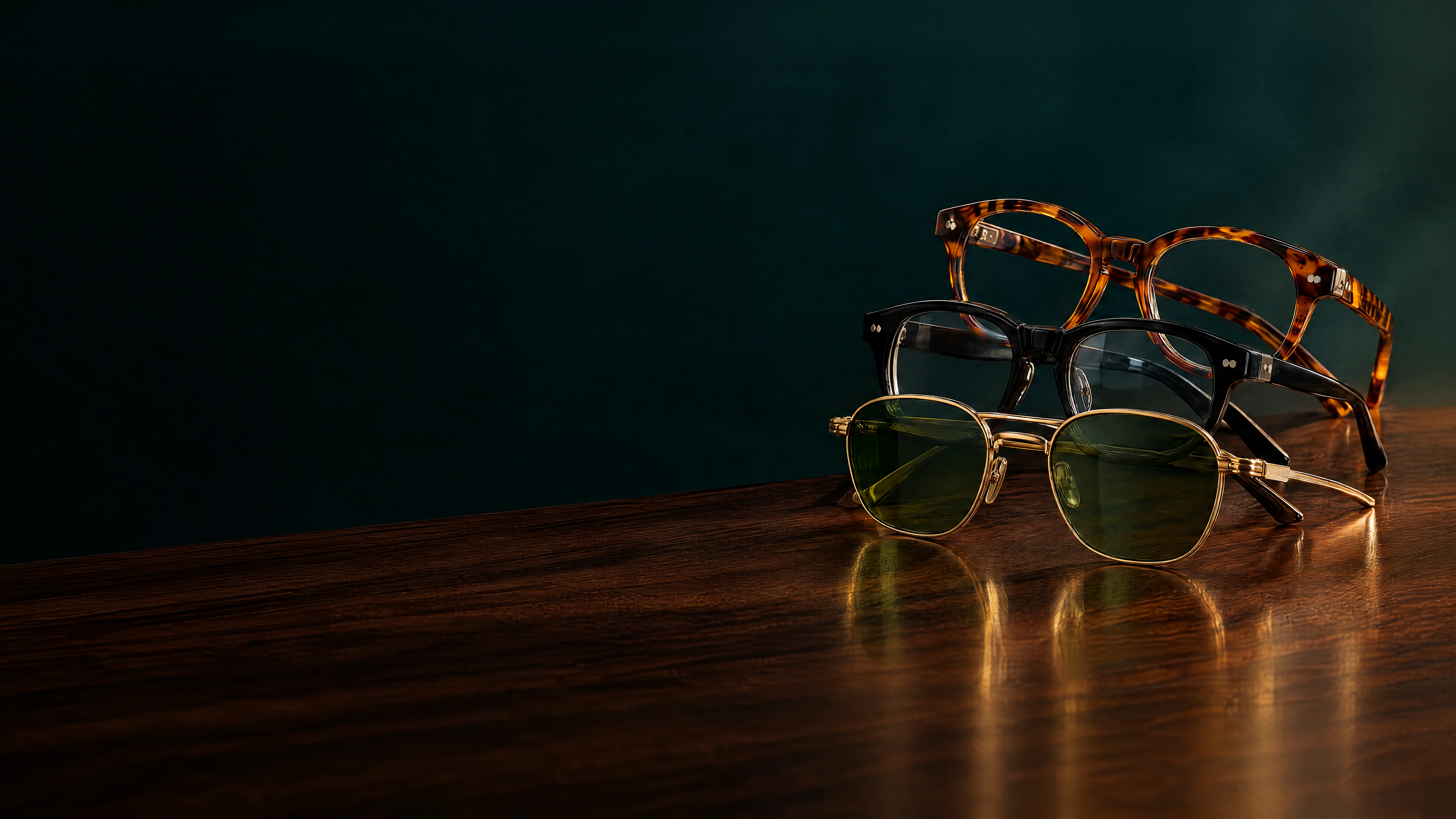 Tortoiseshell and black acetate eyeglasses and gold-framed sunglasses with green lenses, layered on a walnut table