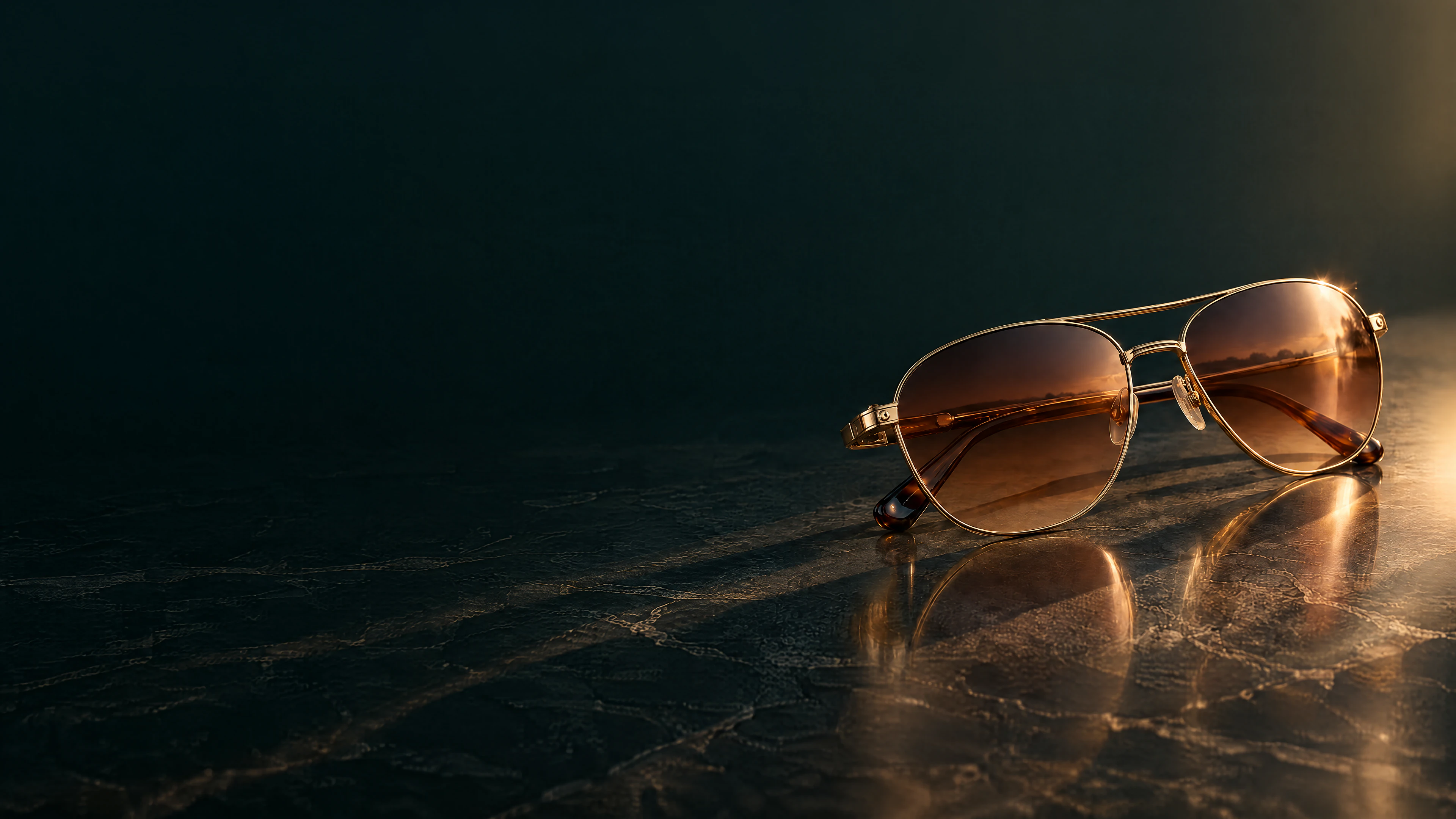 Gold aviator sunglasses with brown gradient lenses on dark stone, catching low golden light