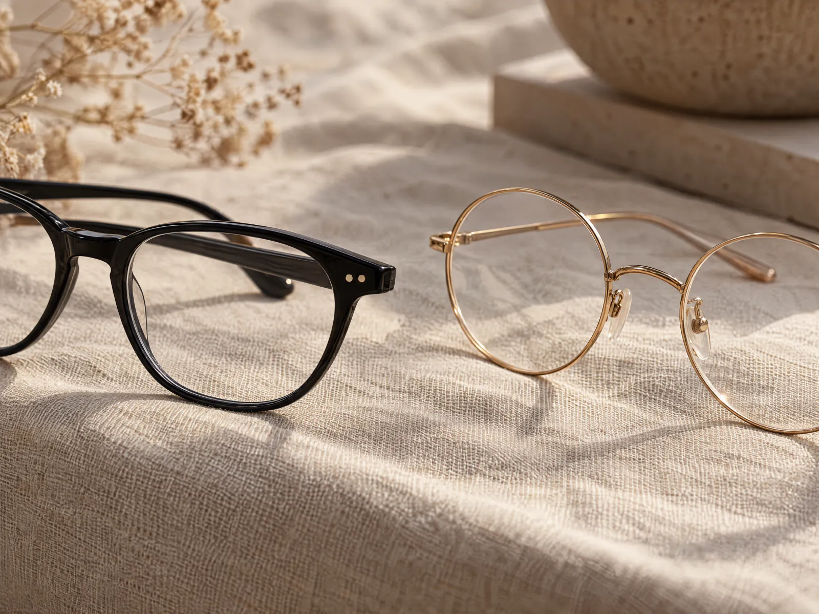 A slim black acetate frame and a thin round gold metal frame side by side on oatmeal linen