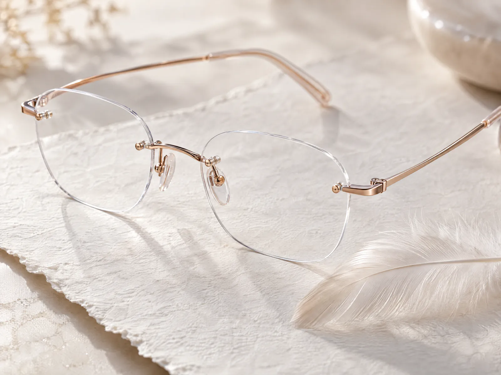 Rimless titanium eyeglasses with rose-gold temples on handmade paper beside a white feather