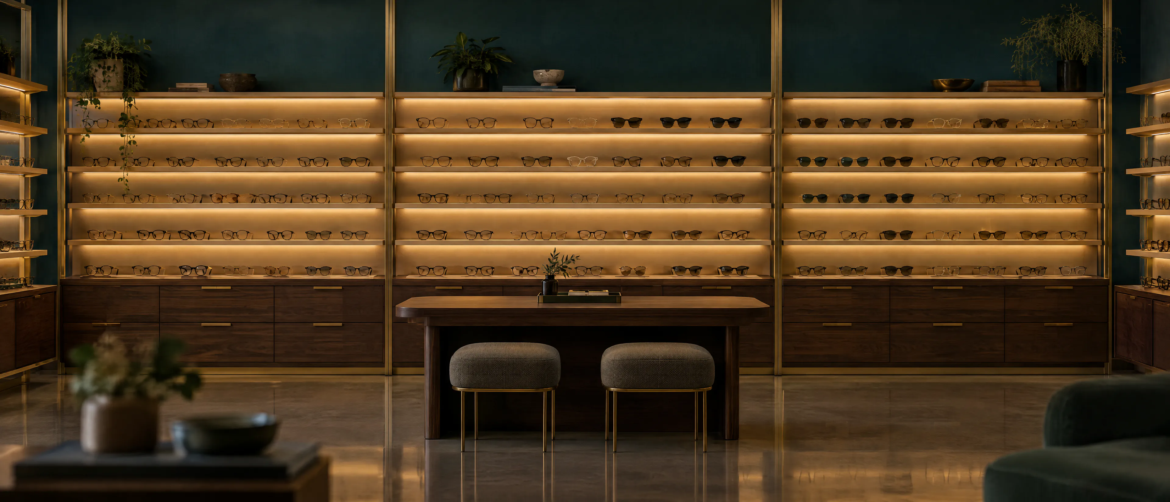 An eyewear gallery in low evening light: rows of eyeglass frames on backlit oak shelves above walnut drawers, with a fitting table and two stools
