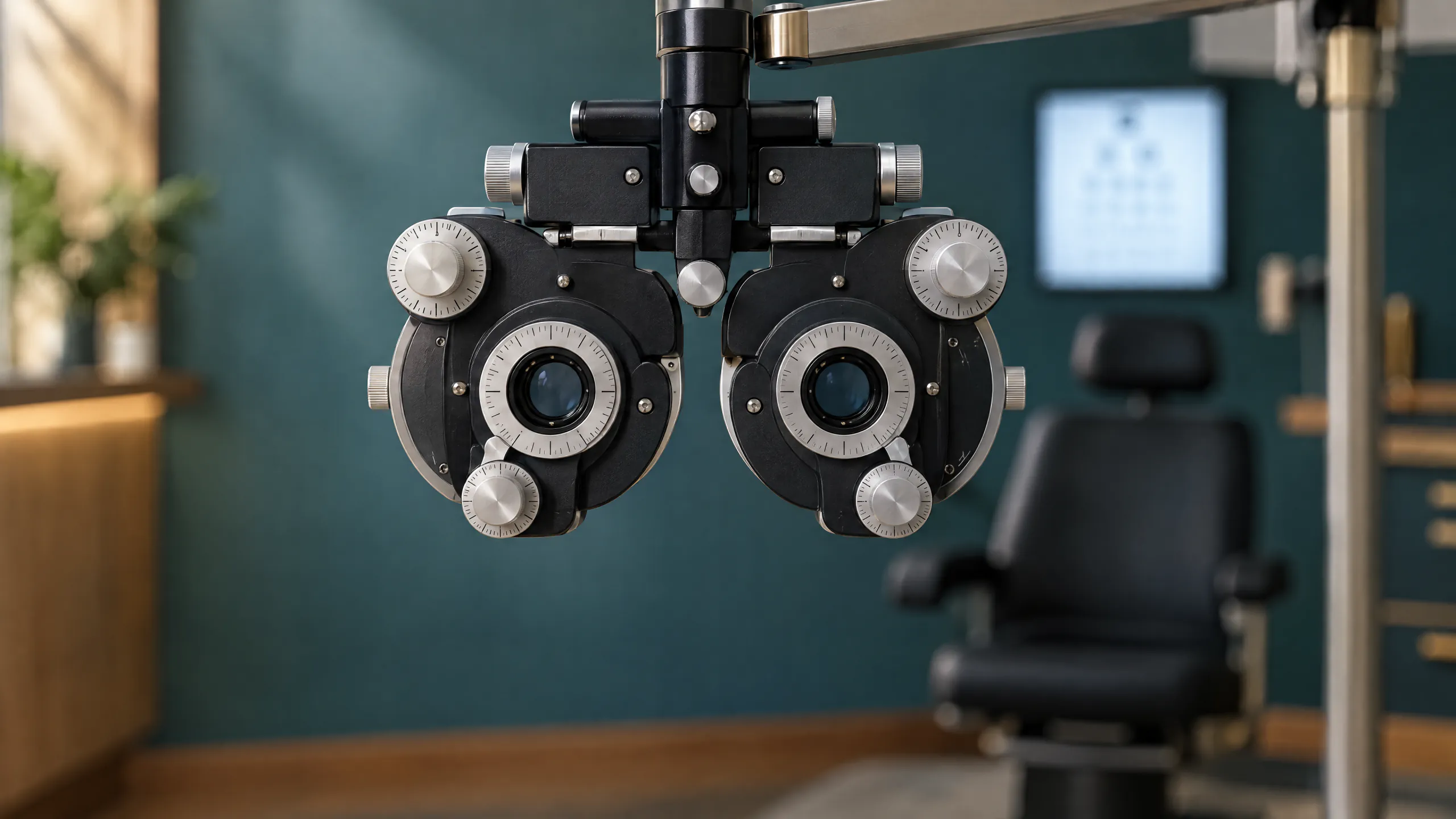 A black and silver phoropter hanging from its mounting arm in front of an empty black exam chair and a blurred eye chart screen in a teal room