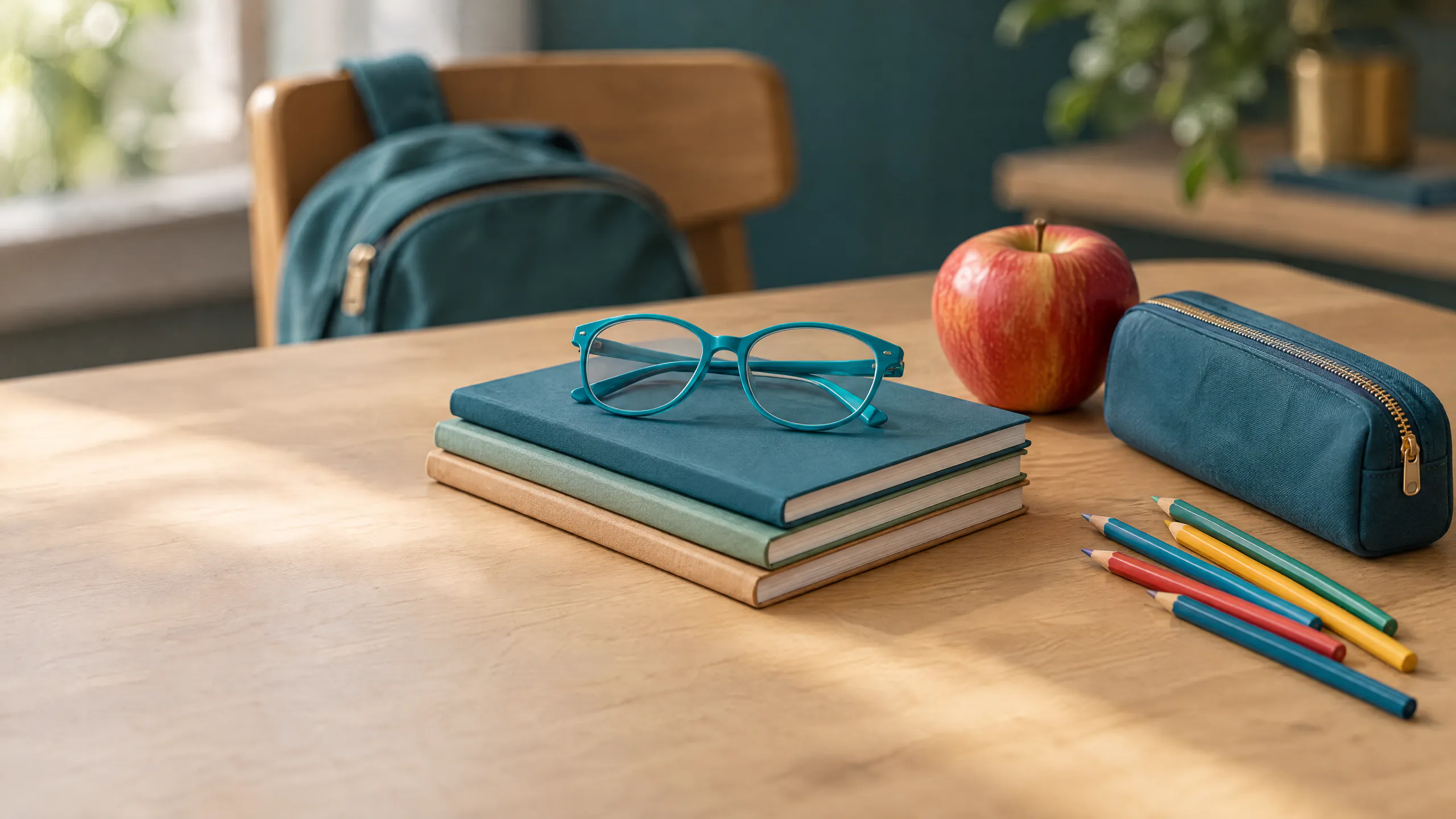 Teal eyeglasses on a stack of books on a sunlit wooden desk, with a red apple, colored pencils, a zippered pencil case and a backpack on the chair behind