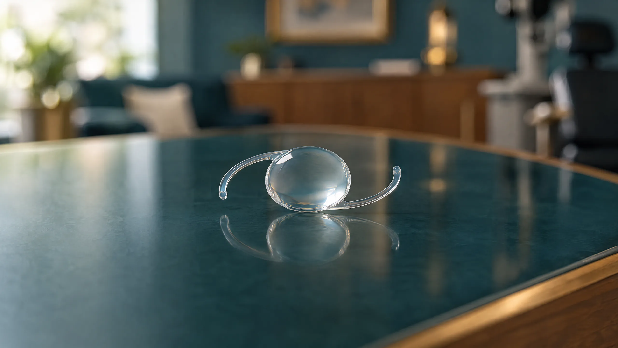A clear intraocular lens implant with two thin curved arms on a dark teal tabletop, its reflection below, in a softly blurred room