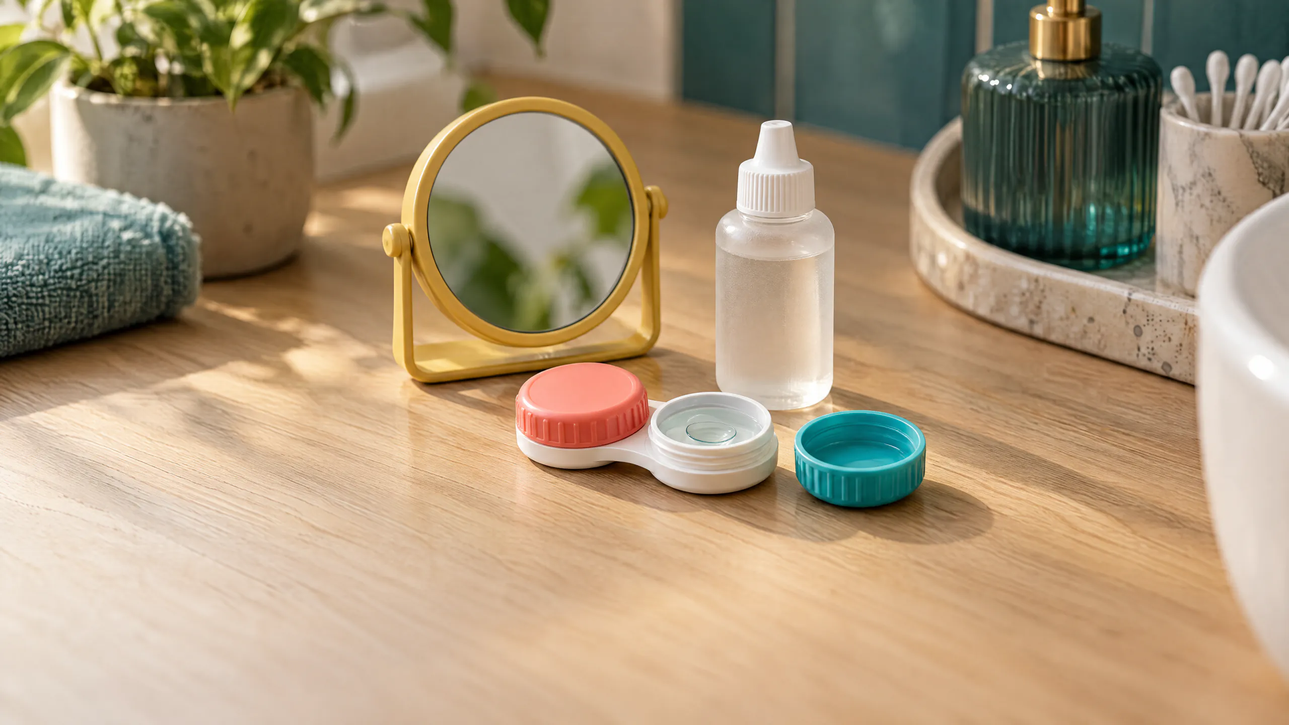 A contact lens case with coral and teal caps holding a soft lens, beside a dropper bottle and a small yellow mirror on a sunlit wooden counter
