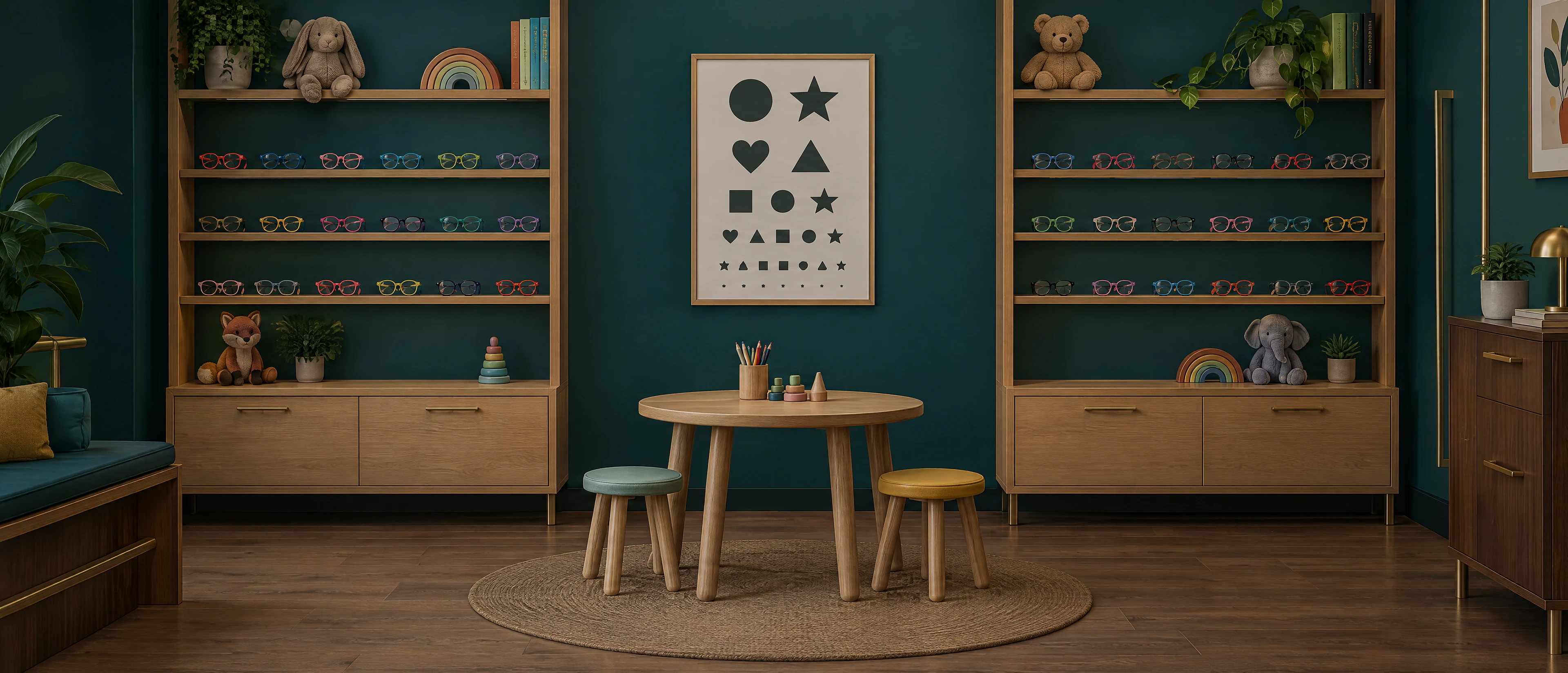 A children's eyewear corner: shelves of small colorful frames and plush toys, a shape vision chart on a teal wall and a little wooden table with two stools