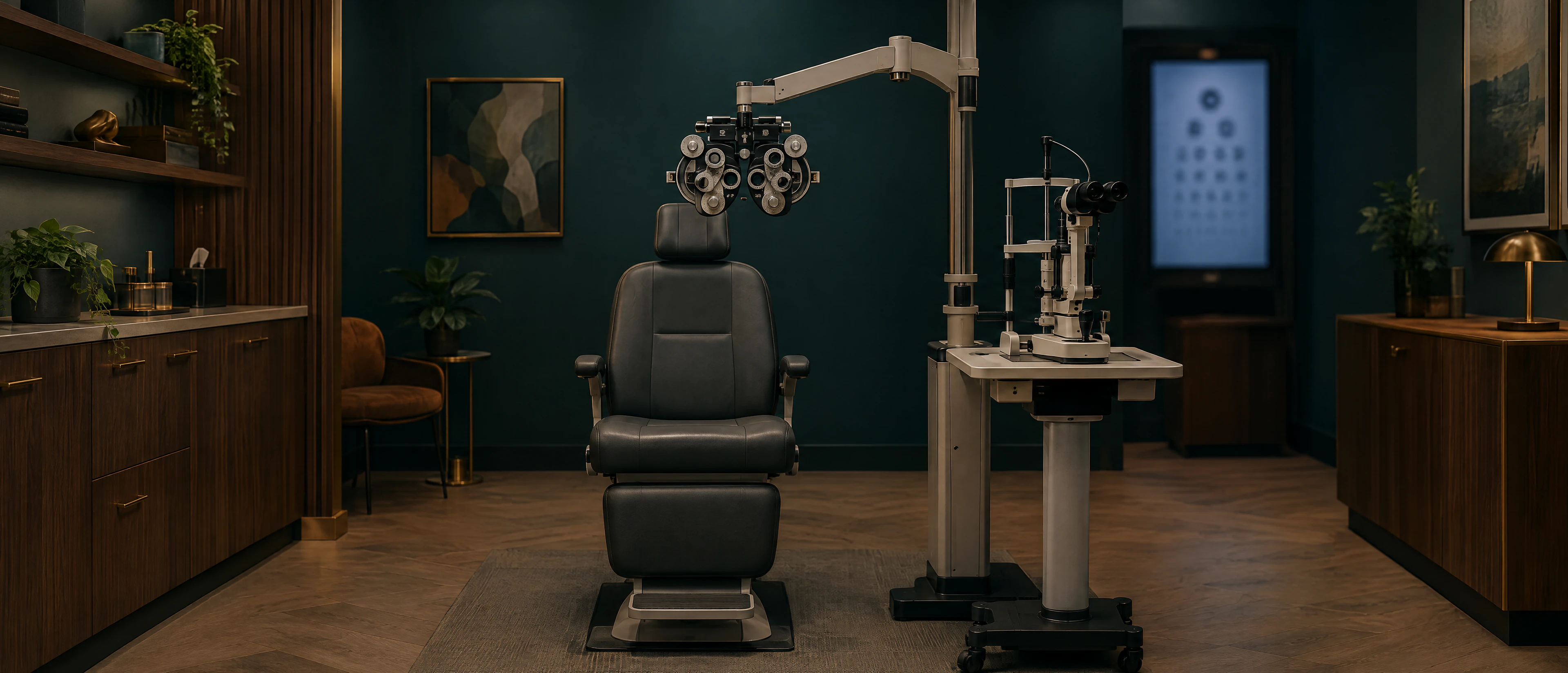 A dimly lit eye exam room with a phoropter on a swing arm above a black exam chair, a slit lamp microscope on a wheeled table and a lit vision chart screen at the back