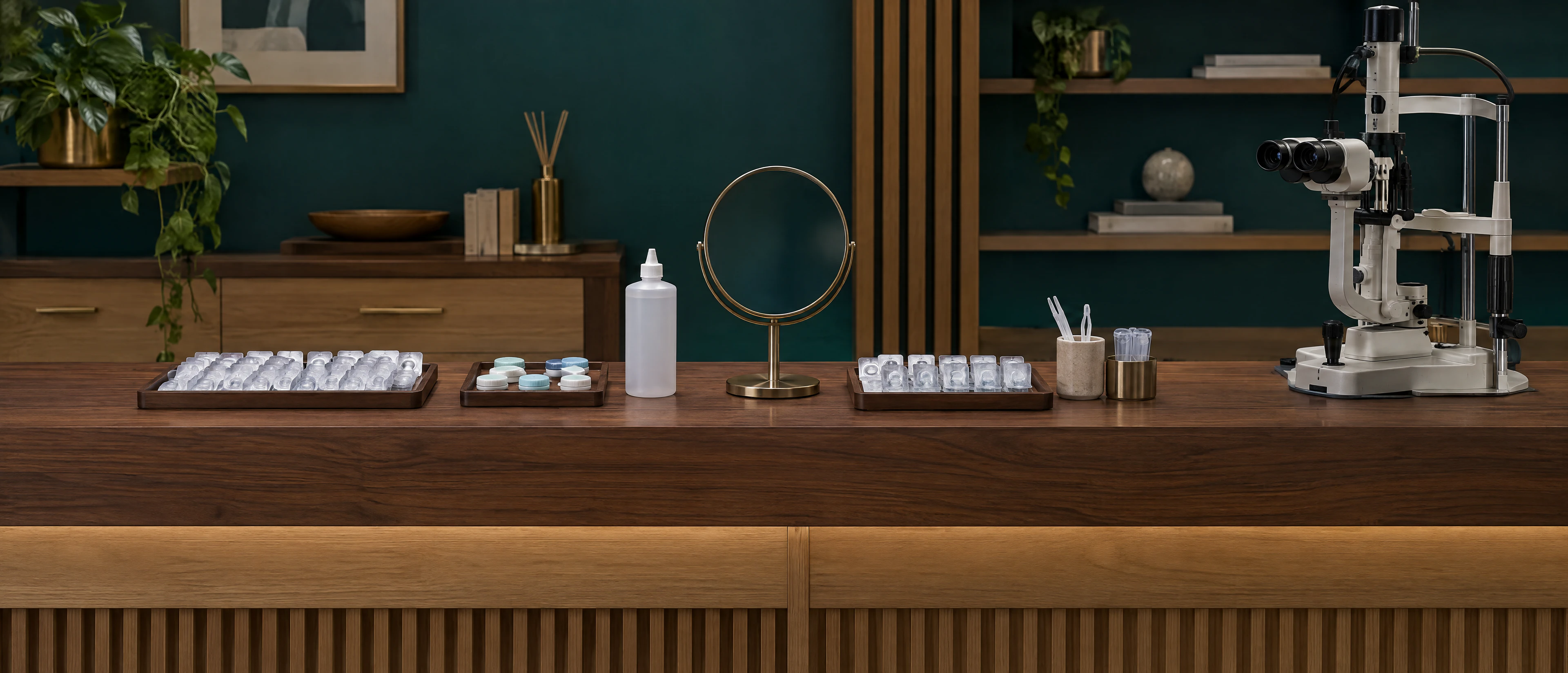 A long walnut counter set with trays of contact lens trial packs, lens cases, a solution bottle, a round mirror and a slit lamp microscope