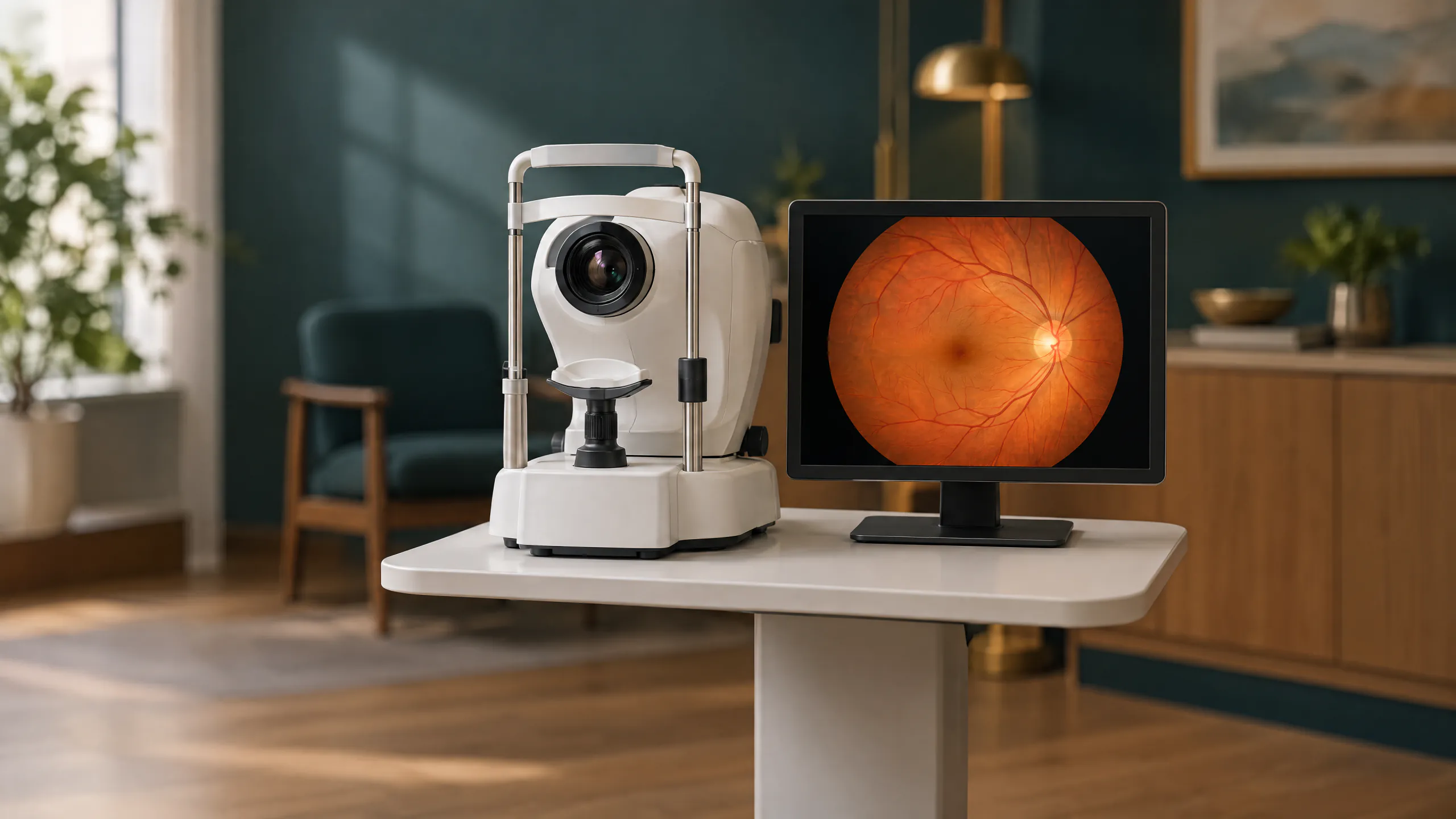 A white retinal camera with a chin rest beside a monitor showing a color photograph of a retina, in a teal-walled room