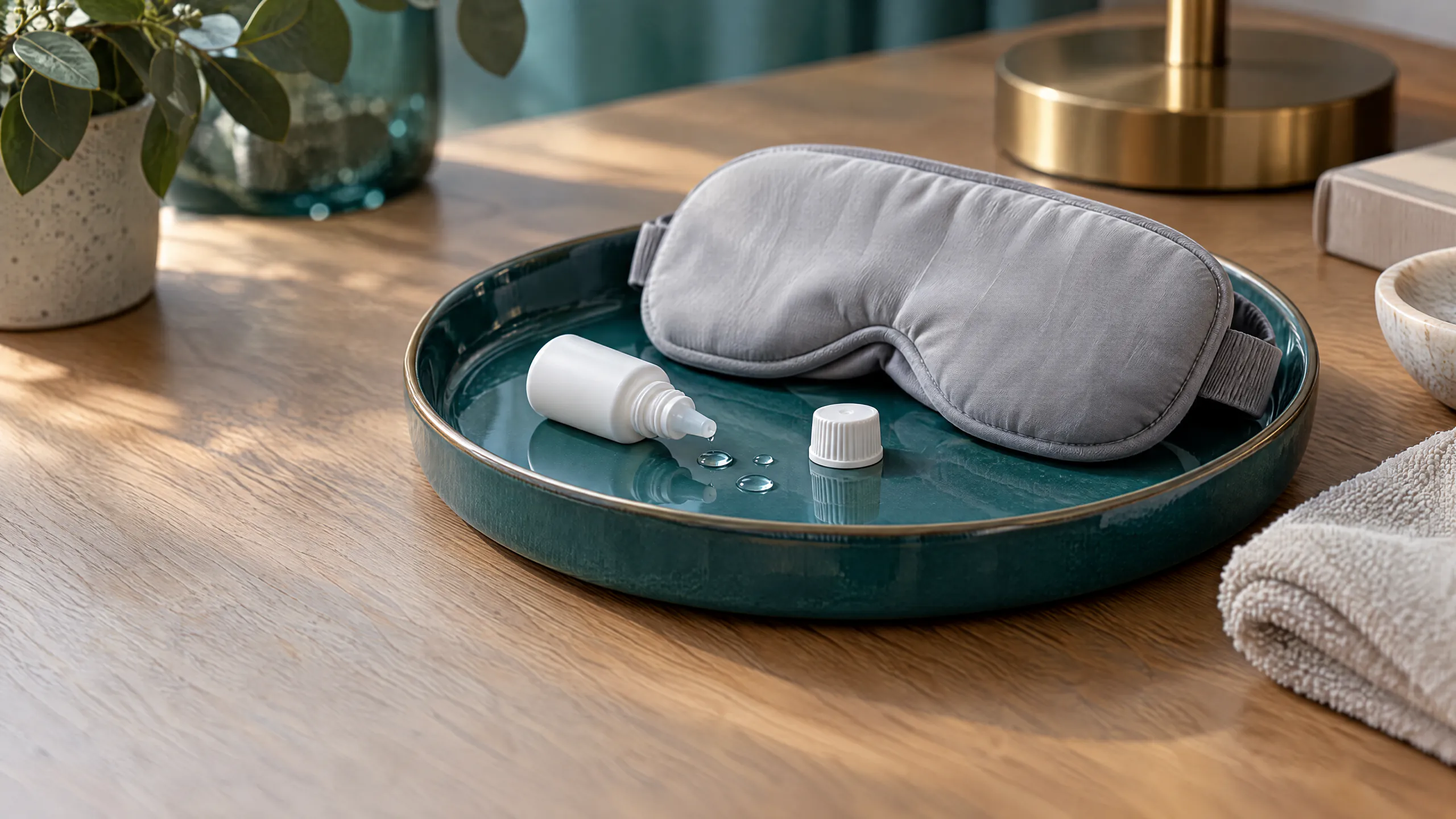 A white eye drop bottle, its cap and a few clear drops beside a soft gray eye mask on a round teal ceramic tray