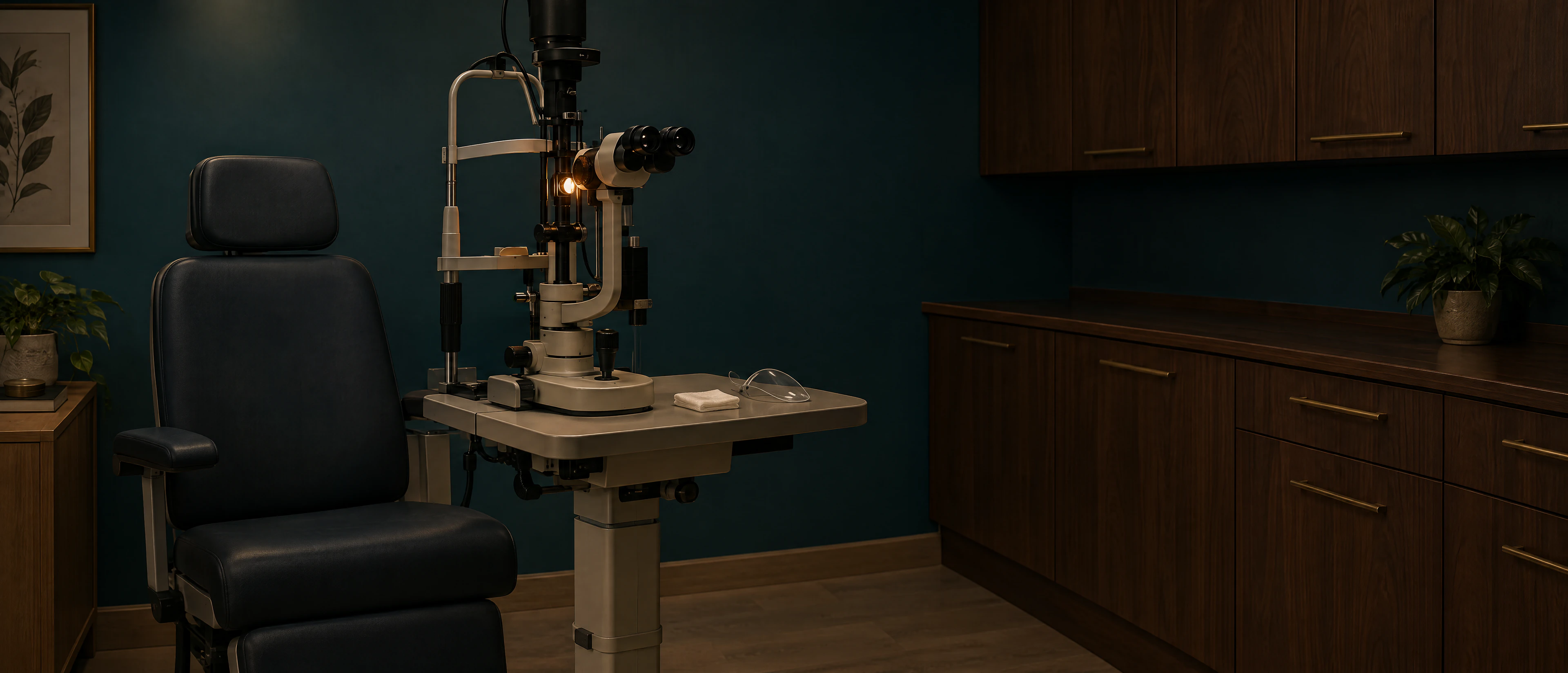 A dim exam room with a slit lamp microscope switched on beside an exam chair, a folded gauze pad and clear safety glasses on its table, and walnut cabinets along the wall