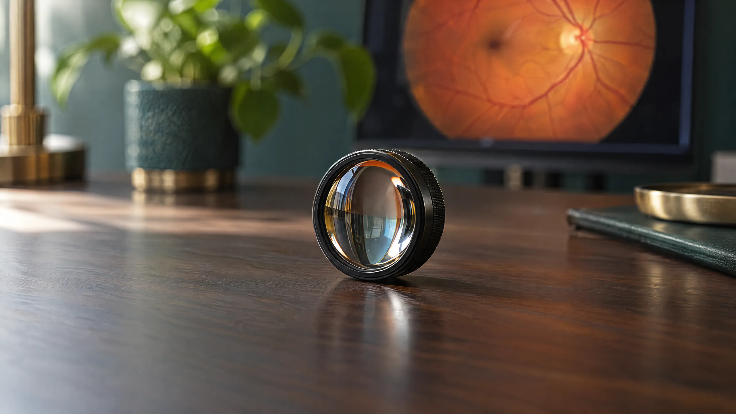 A round glass examination lens in a black knurled ring standing on a dark wooden desk, in front of a monitor showing an orange photograph of a retina