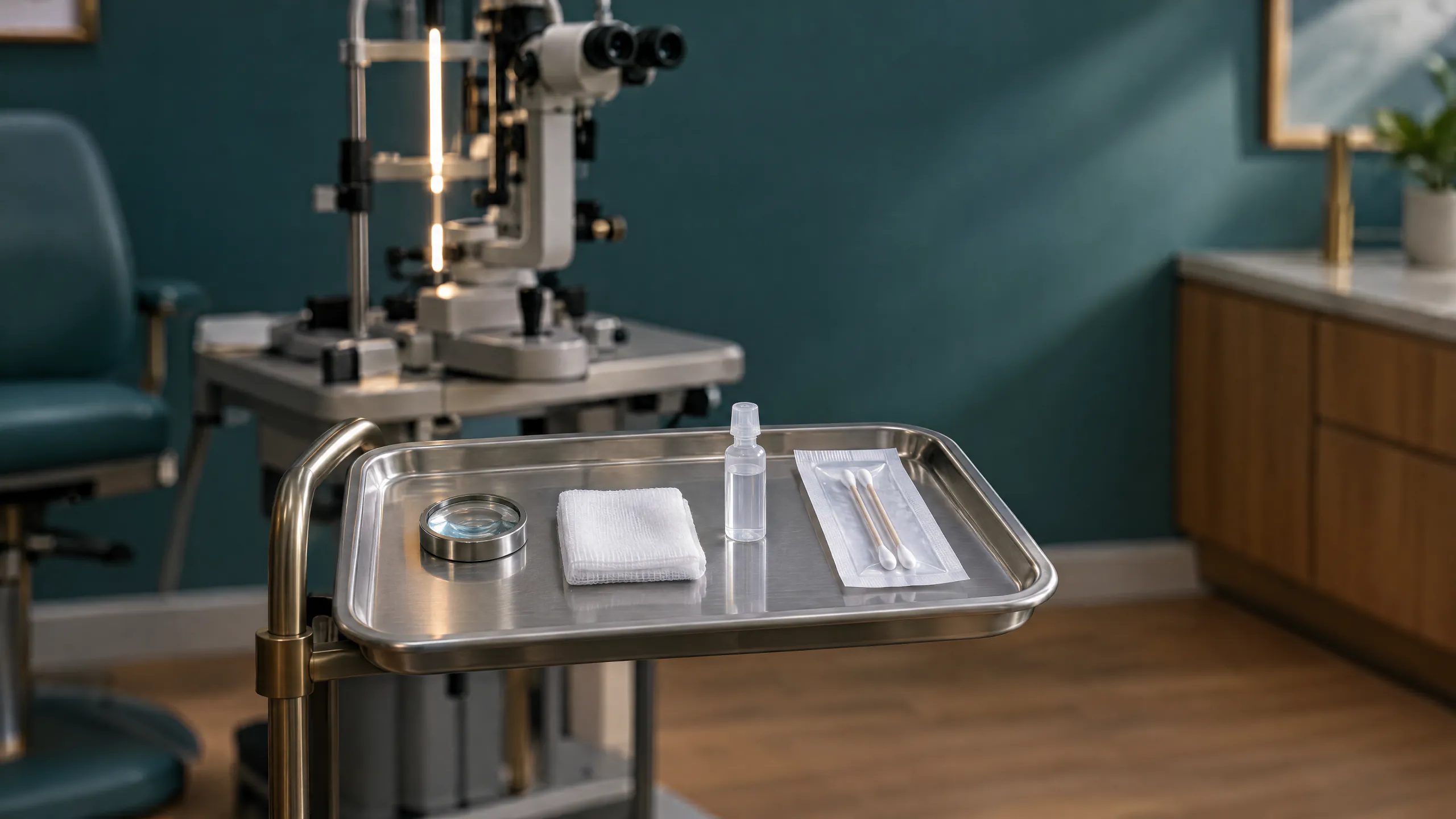 A stainless steel tray holding a sealed pouch of two cotton swabs, a small clear bottle of liquid, a folded gauze pad and a round magnifying lens, with a slit lamp microscope behind
